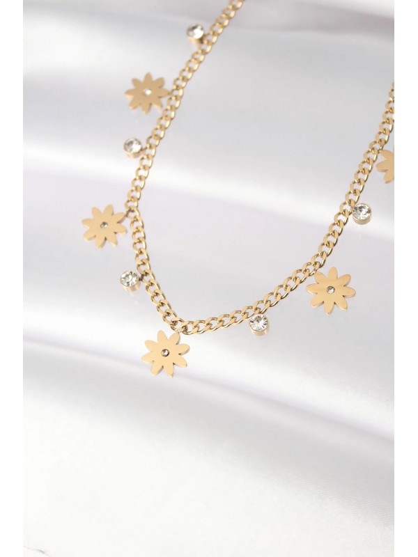 Çelik Kolye Taşlı 316L Gold Renk Çoklu Çiçek&hellip;