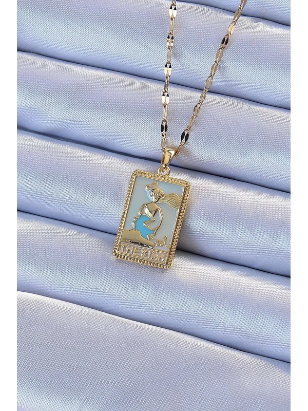Çelik Altın Kolye Zincir 316L Renk Mavi Mineli Tarot&hellip;
