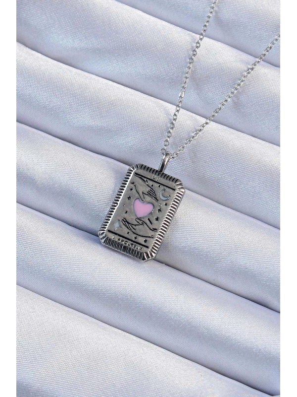 Çelik Gümüş Kolye Zincir Kalp 316L Eskitme Renk Pembe&hellip;