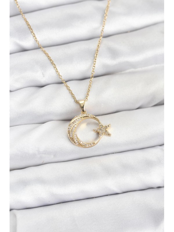 Çelik Kadın Kolye Zincir Taşlı 316L Gold Renk Ay&hellip;