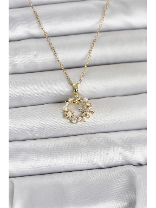 Çelik Kadın Zincir 316L Gold Renk İncili Çiçek Koyle&hellip;