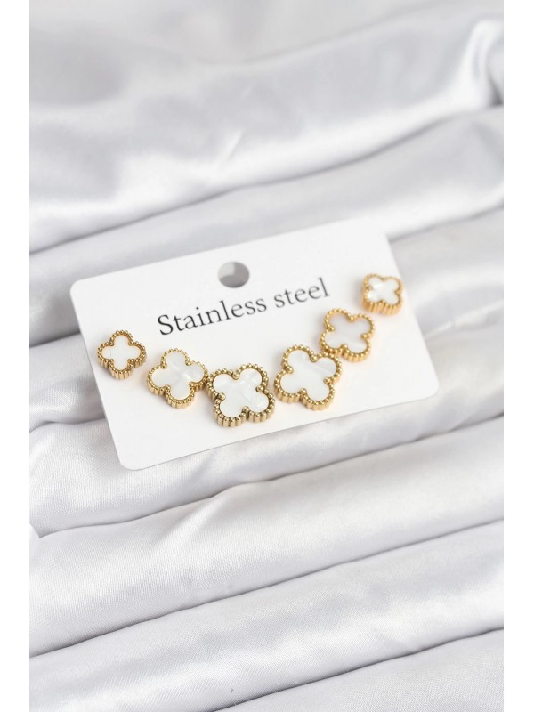 Çelik Küpe 316L Gold Beyaz Renk 3 Boy Yonca Seti… Çelik Küpe 316L Gold Beyaz Renk 3 Boy Yonca Seti…