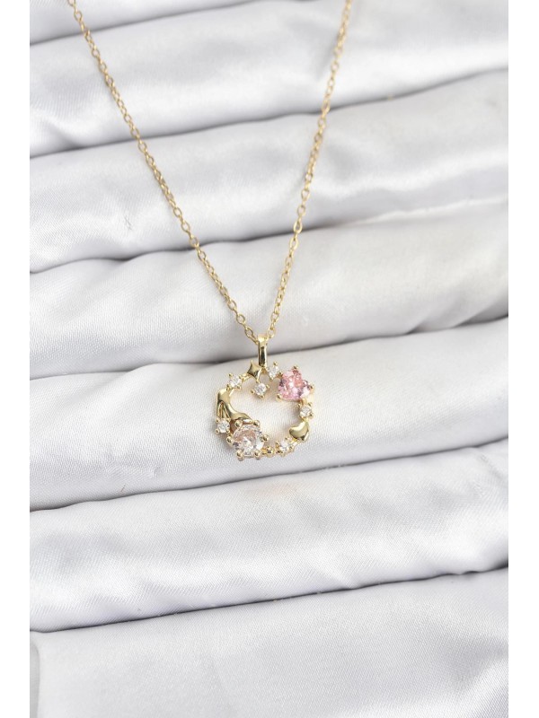 Çelik Kadın Kolye Zincir Taş 316L Gold Renk Pembe&hellip;