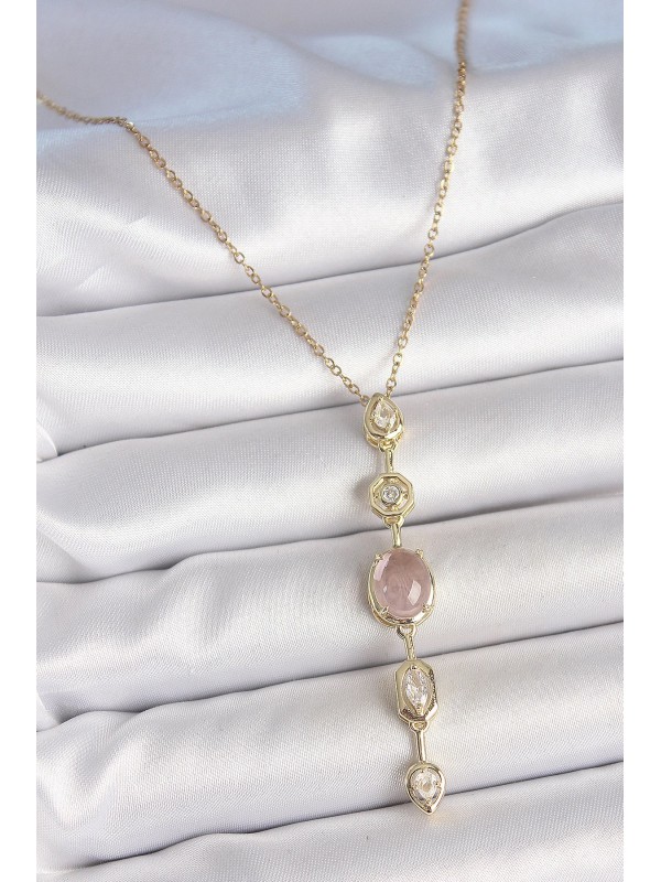 Çelik Kolye Zincir Taşlı 316L Gold Renk Pembe Zirkon Y&hellip;