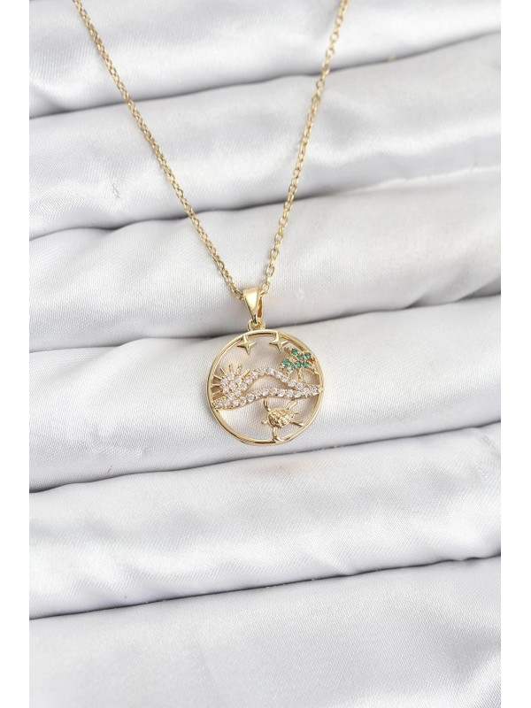 Çelik Kolyesi Kadın Kolye Zincir Taşlı 316L Gold Renk&hellip;