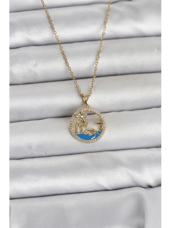 Çelik Kadın Kolye Zincir Taşlı 316L Gold Renk Zirkon&hellip;