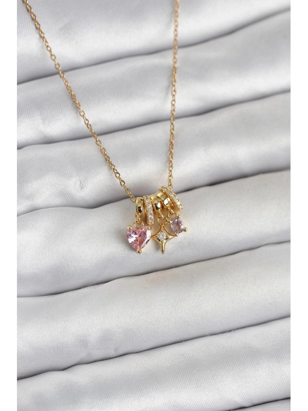 Çelik Kadın Kolye Taşlı 316L Gold Pembe Zirkon Charmlı&hellip;