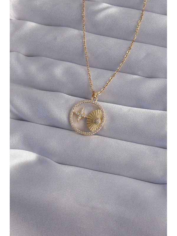 Çelik Kolye Zincir Taşlı 316L Gold Renk Zirkon Yıldız&hellip;