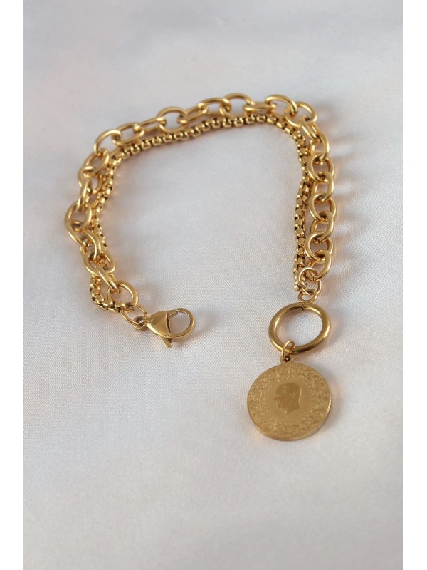 Çelik Kadın Bileklik Zincir 316L Gold Renk 2 Li Çeyrek… Çelik Kadın Bileklik Zincir 316L Gold Renk 2 Li Çeyrek…