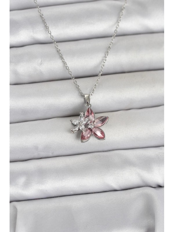 Çelik Gümüş Kadın Kolye Zincir 316L Renk Pembe Lotus&hellip;