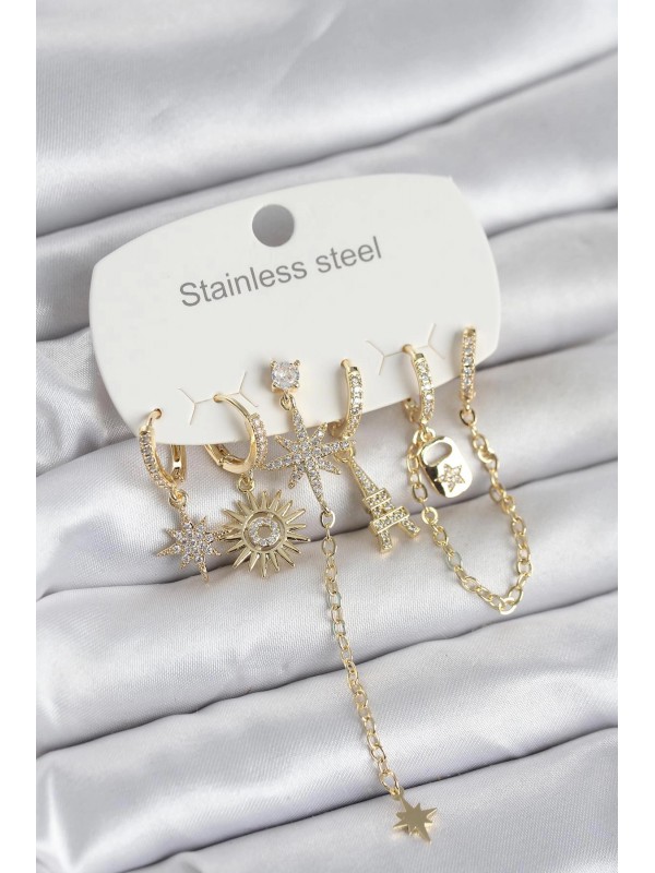 Çelik Kadın Küpe 316L Gold Renk 6 Lı Set Charmlı&hellip;