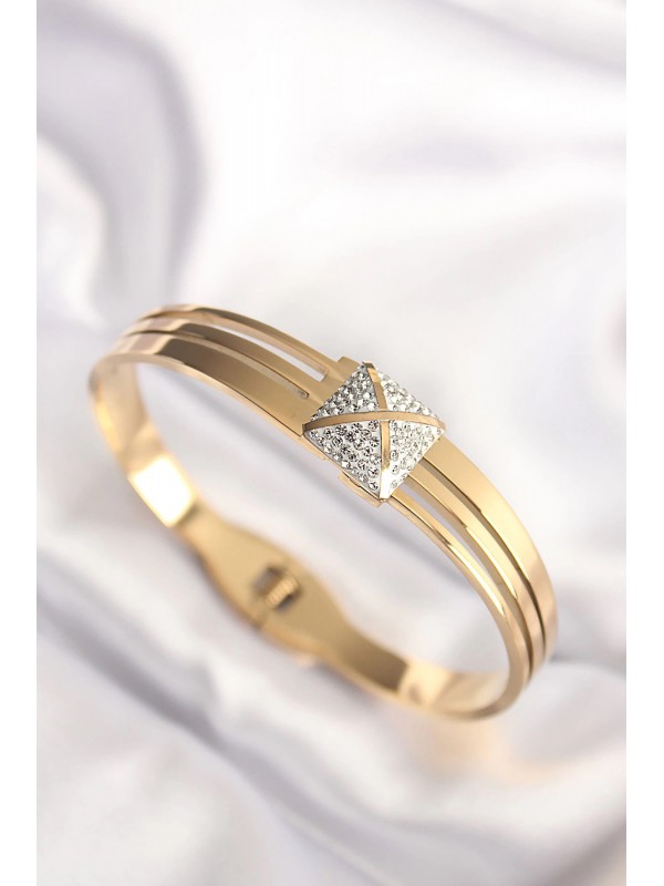 Çelik Kadın Taşlı 316L Zirkon Gold Renk Kelepçe Bilezik&hellip;