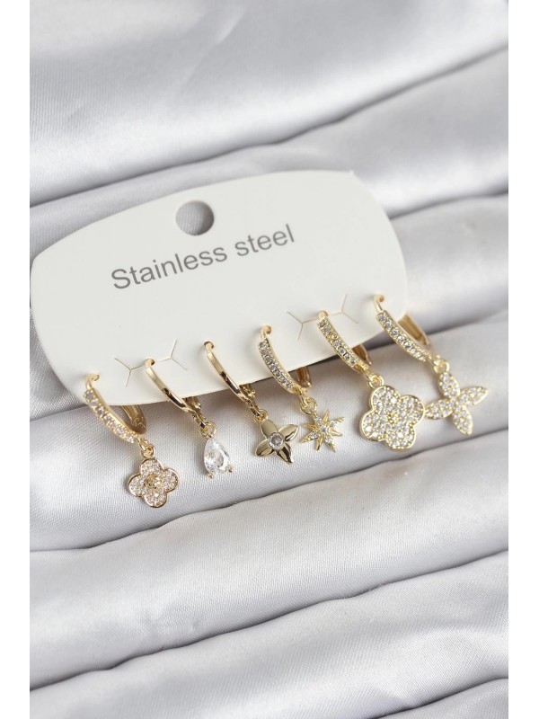 Çelik Kadın Küpe 316L Gold Renk 6 Lı Set Yonca… Çelik Kadın Küpe 316L Gold Renk 6 Lı Set Yonca…