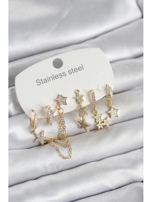 Çelik Kadın Küpe 316L Gold Renk 6 Lı Set Zincirli&hellip;
