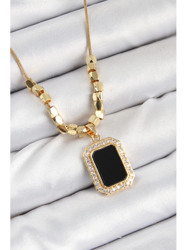 Çelik Kadın Kolye Taşlı Baget 316L Zirkon Siyah Gold&hellip;