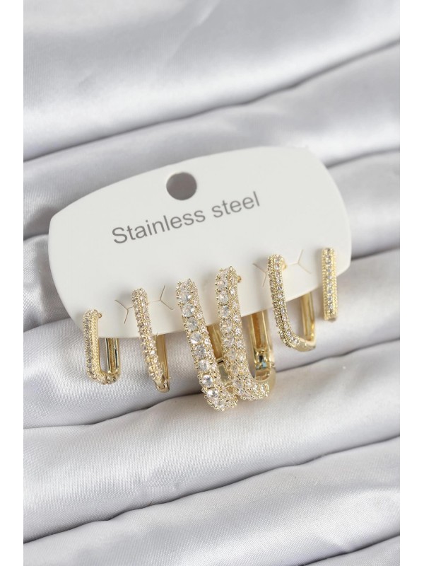 Çelik Kadın Küpe Taşlı 316L Gold Renk 6 Lı Set Zirkon&hellip;