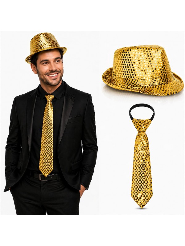 Altın Gold Payetli Şapka Ve Kravat Seti Işıltılı Parti&hellip;