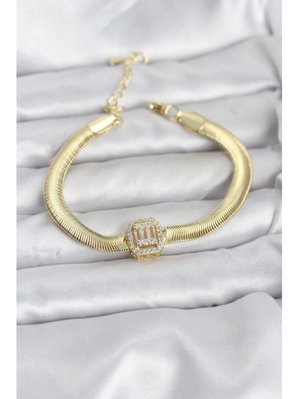 Çelik Kadın Bileklik Baget Taşlı 316L Gold Renk Zirkon&hellip;