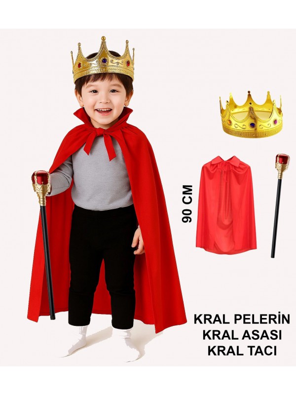 Çocuk Kral Kostüm Seti Kırmızı Pelerin Taç Ve Asa 90&hellip;