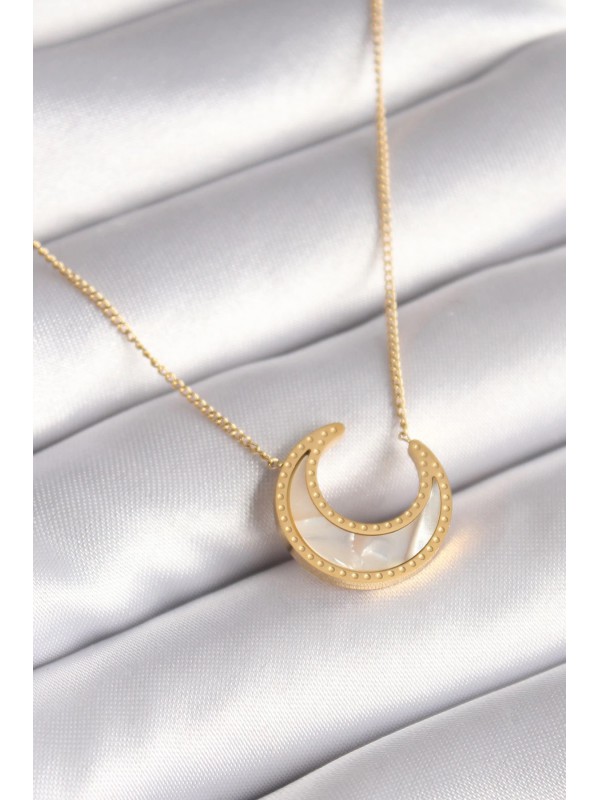Çelik Kadın Kolye 316L Gold Renk Beyaz Sedefli Hilal&hellip;