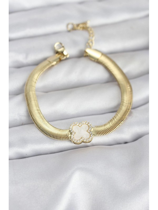 Çelik Kadın Bileklik Taşlı 316L Gold Renk Beyaz Yonca&hellip;