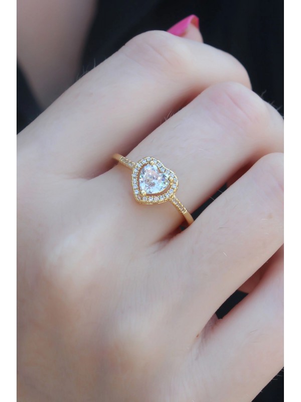 Kadın Yüzük Taşlı Kalp Gold Renk Zirkon Charm Pirinç&hellip;