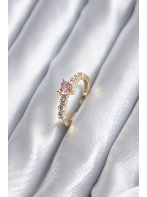 Kadın Yüzük Taşlı Kalp Gold Renk Zirkon Pembe Kristal&hellip;