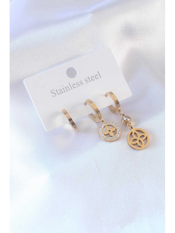 Çelik Kadın Küpe Taşlı 316L Gold Renk Çiçek Zirkon&hellip;