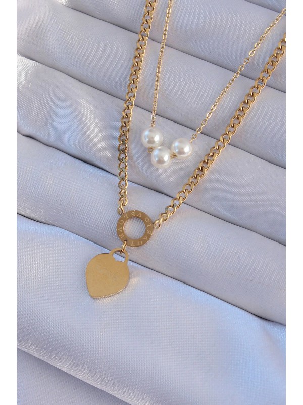 Çelik Kolye Zincir Kalp 316L Gold Renk Çift İnci&hellip;