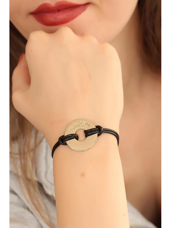 Bileklik HAPPY Mutlu Siyah Deri İpli Unisex Mood&hellip;