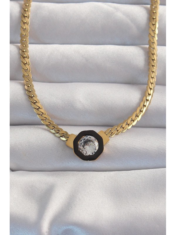 Çelik Kolyesi Zincir Taşlı 316L Gold Renk Ezme Zirkon&hellip;