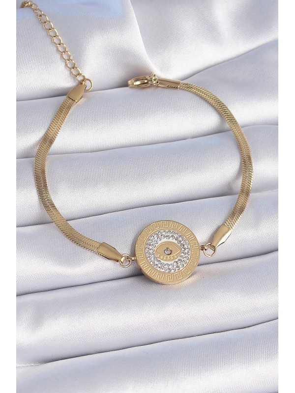 Çelik Kadın Bileklik Zincir Taşlı Göz 316L Gold Renk&hellip;