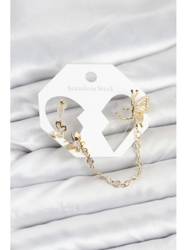 Küpe Zincir Kelebekli Pirinç Gold Renk Bağlantılı Ear&hellip;