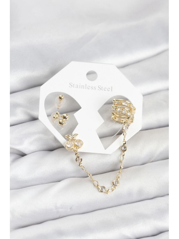Küpe Zincir Kiraz Pirinç Gold Renk Bağlantılı Ear Cuff… Küpe Zincir Kiraz Pirinç Gold Renk Bağlantılı Ear Cuff…