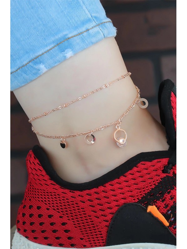 Taşlı Kristal Halkalı Rose Renk Çift Zincirli Hal&hellip;