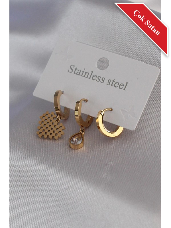 Çelik Kadın Küpe Kalp Taş 316L Gold Renk Zirkon Detay&hellip;