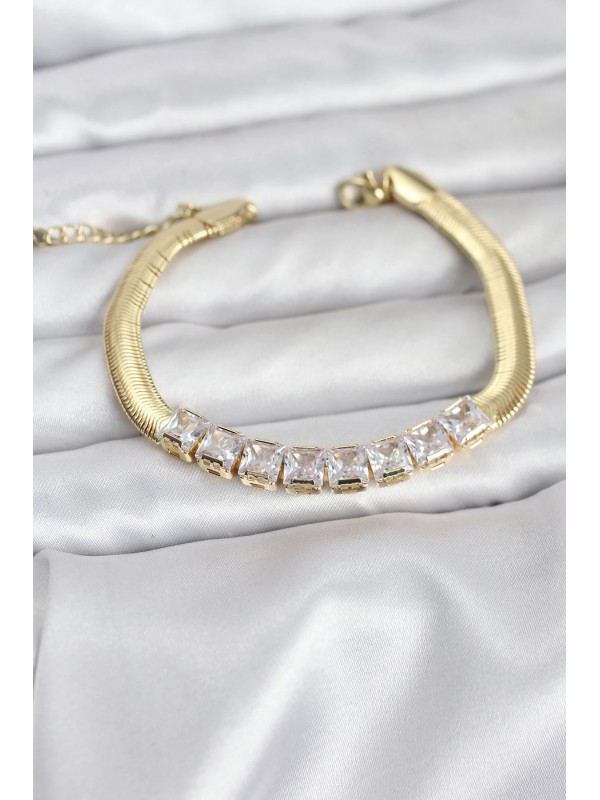 Çelik Kadın Bileklik Taşlı 316L Gold Renk Kare Zirkon&hellip;