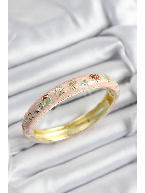 Kadın Mineli Pirinç Pembe Çiçek Motifli Gold Renk&hellip;