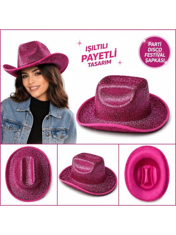 Kadın Erkek Parlak Pembe Kovboy Şapka Parti Disco&hellip;