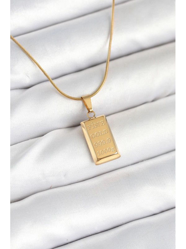 Çelik Altın Kolye 316L Gold Renk Külçe&hellip;