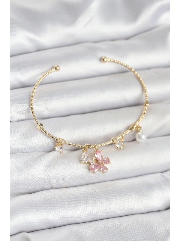 Kadın Bileklik Pembe Kelebek Charmlı Gold Renk&hellip;