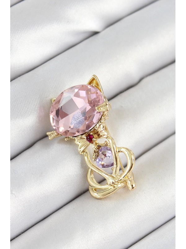 Kadın Taşlı Pembe Zirkon Kap Detaylı Kedi Figürlü Gold&hellip;