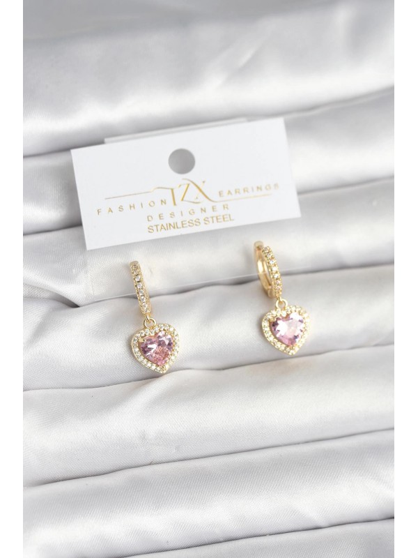 Kadın Küpe Taşlı Kalp Pirinç Gold Pembe Renk Zirkon&hellip;