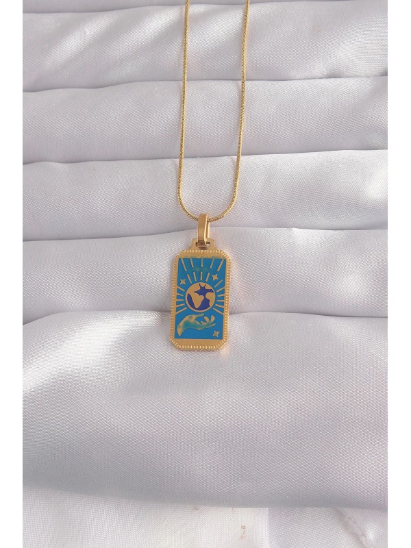 Çelik Kolye 316L Gold Renk Mavi Mineli El Figür Tarot&hellip;