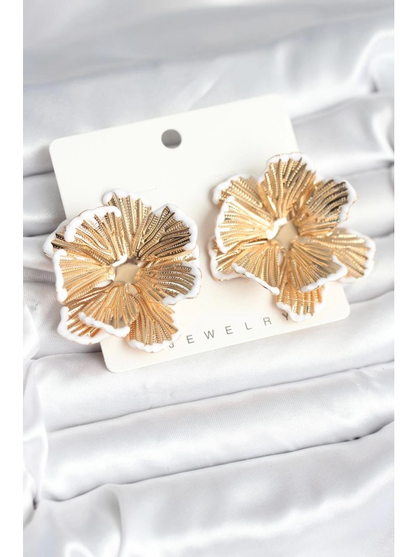 Kadın Küpe Pirinç Gold Renk Beyaz Mine Detaylı Lotus&hellip;