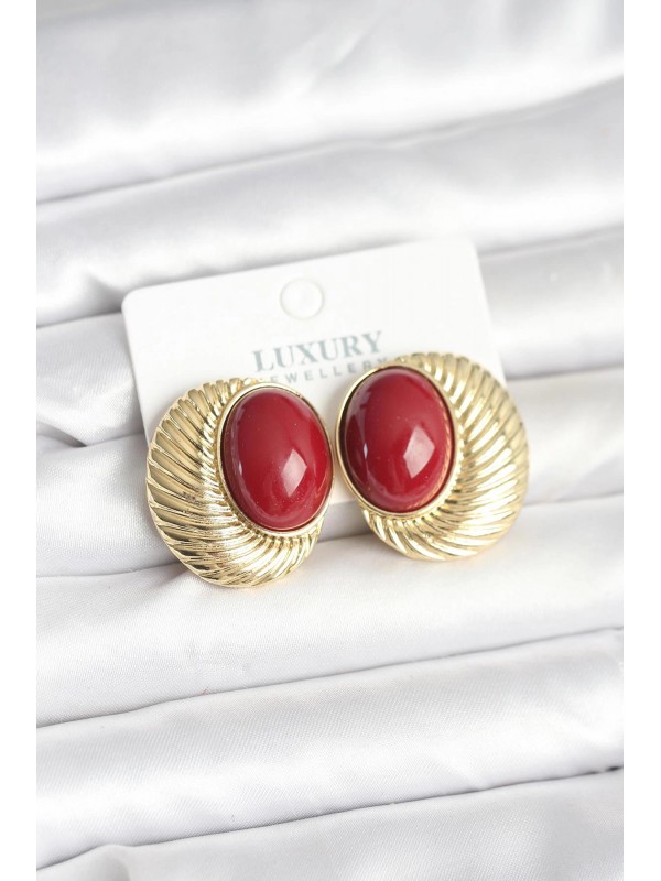 Kadın Küpe Vintage Pirinç Gold Renk Bordo Boncuklu Oval&hellip;