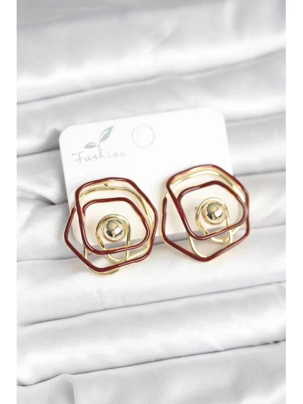 Kadın Küpe Pirinç Gold Renk Bordo Mineli Geometrik Gül… Kadın Küpe Pirinç Gold Renk Bordo Mineli Geometrik Gül…