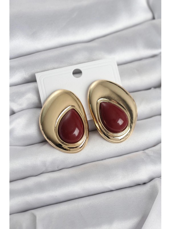 Kadın Küpe Taşlı Vintage Pirinç Gold Renk Bordo Damla&hellip;