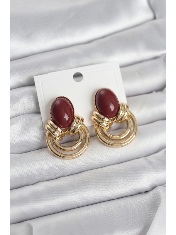 Kadın Küpe Taşlı Vintage Pirinç Gold Renk Bordo&hellip;