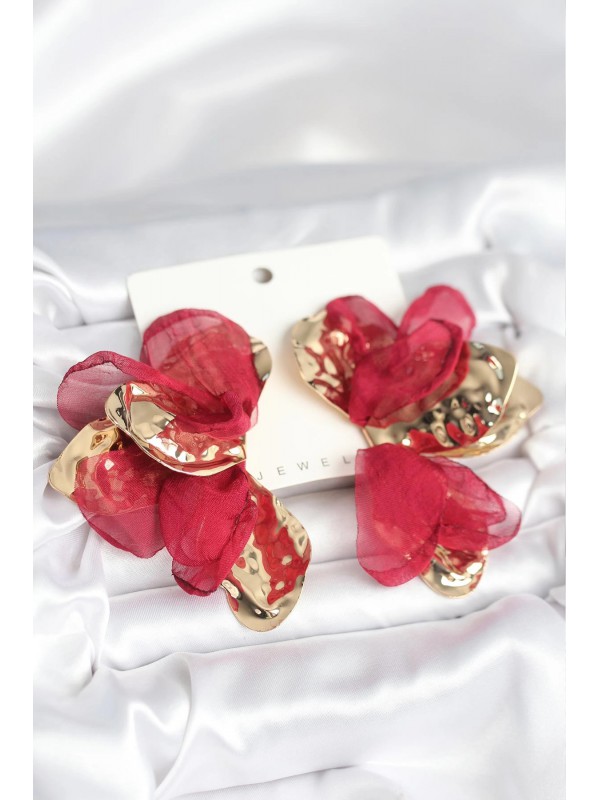 Kadın Küpe Pirinç Gold Renk Bordo Tüllü Lotus&hellip;